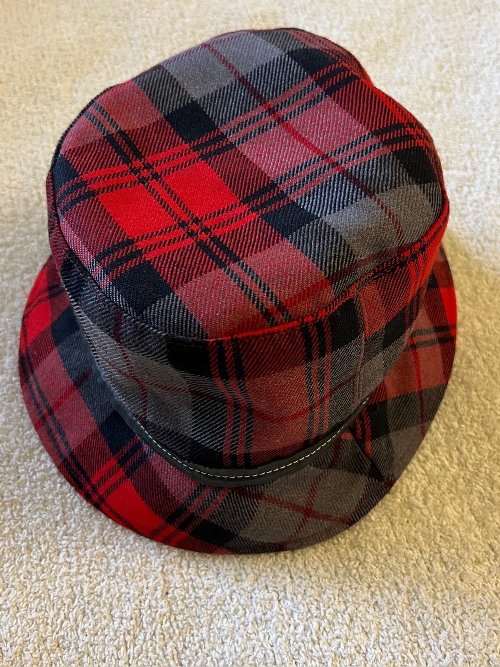 Coach Wool Plaid Bucket Hat Red Tartan Leather Trim Size P/S